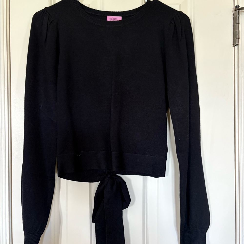 Francesca's Black Tie Front Blouse with Puff Sleeves